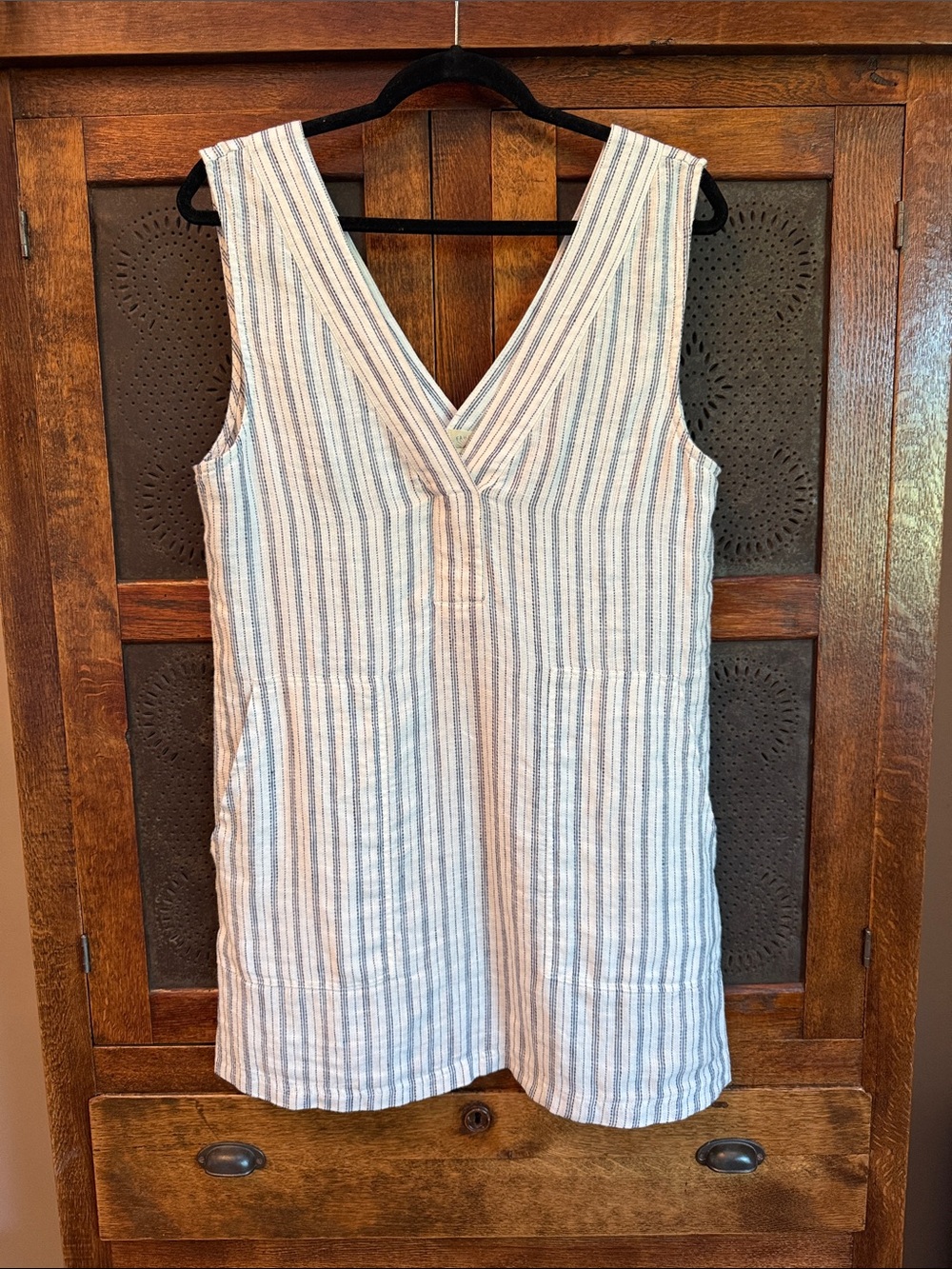 Faherty Blue and White Striped Sleeveless V-Neck Shift Dress